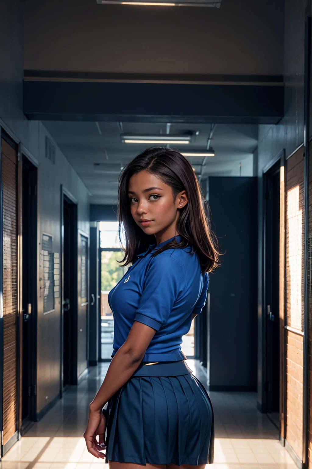 (Muscular:1), (thick thighs:0), (large round breasts:0), (large muscular chest and shoulders:1), FEMALE, brown hair, long brown hair, (big smile:0), (wearing a tight blue short sleeve Polo shirt and skirt:1.5), looking at viewer, (three quarter view:1.2), upper body view, (school hallway:1.5), dark lighting, detailed skin, detailed eyes, (dark skin:1.3), (huge round muscles:1),