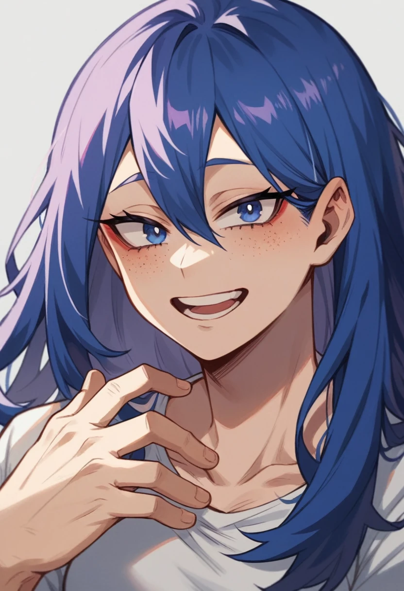 Screenshot of My Hero Academia, a villain with , long hair, almost black, blue with purple reflections., with sapphire blue eyes and purple shadow with a tender look with purple freckles and happy wearing the boku no hero academia UA style