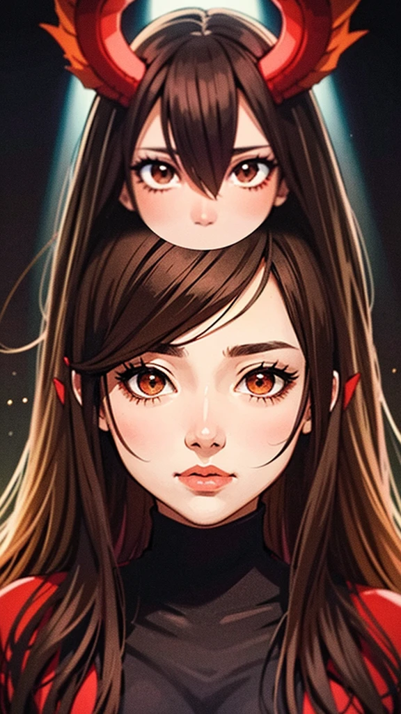 Pretty girl, Brown hair, brown eyes, period dress, she is surrounded by two monstrous shadows, one red and one black in the shape of a dragon, as if she were losing control of her powers.