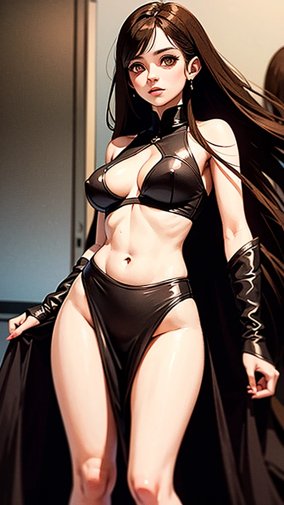 Pretty girl, Brown hair, brown eyes, period dress, she is surrounded by two monstrous shadows, one red and one black in the shape of a dragon, as if she were losing control of her powers.