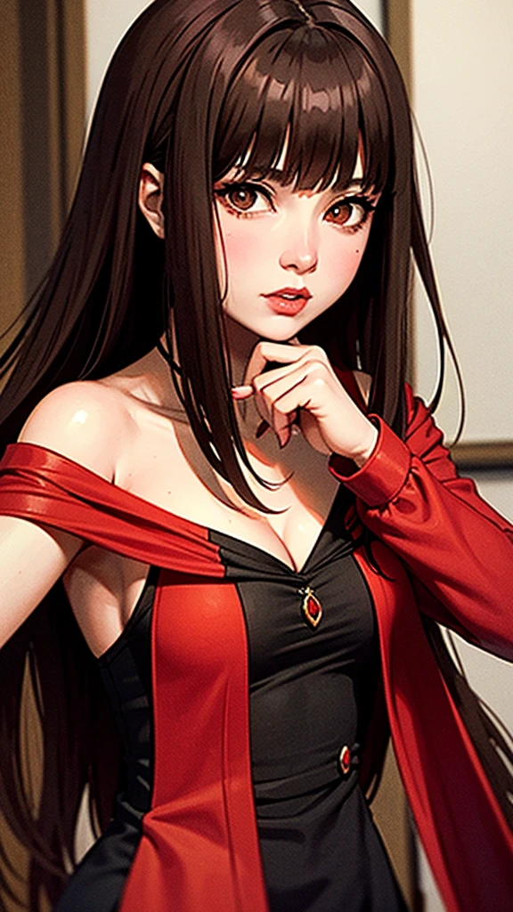 Pretty girl, Brown hair, brown eyes, period dress, she is surrounded by two monstrous shadows, one red and one black in the shape of a dragon, as if she were losing control of her powers.