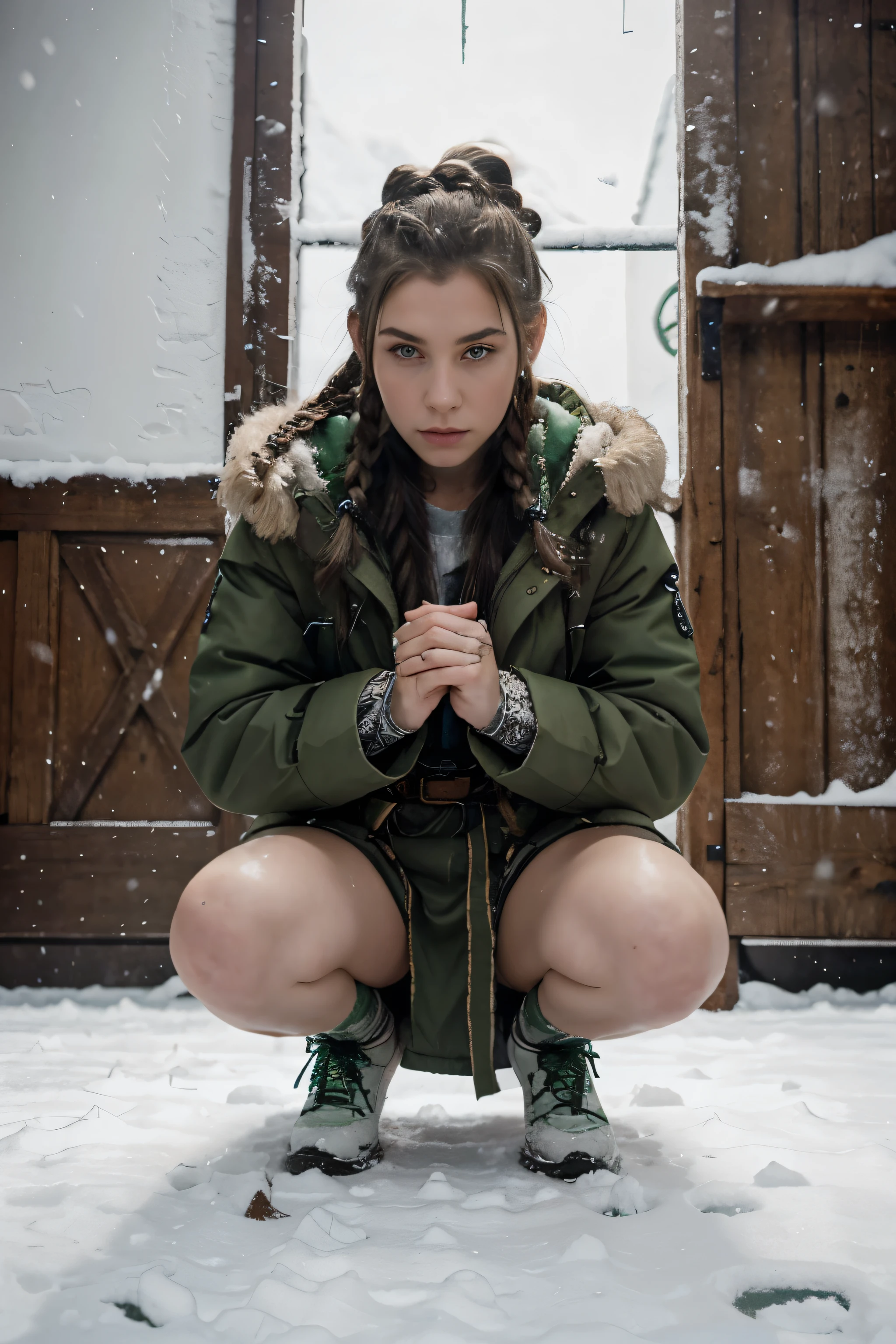 Young intense warrior celtic girl on floor on knees above snow, with thick coat. She has white hair and green eyes and braids and tattoos