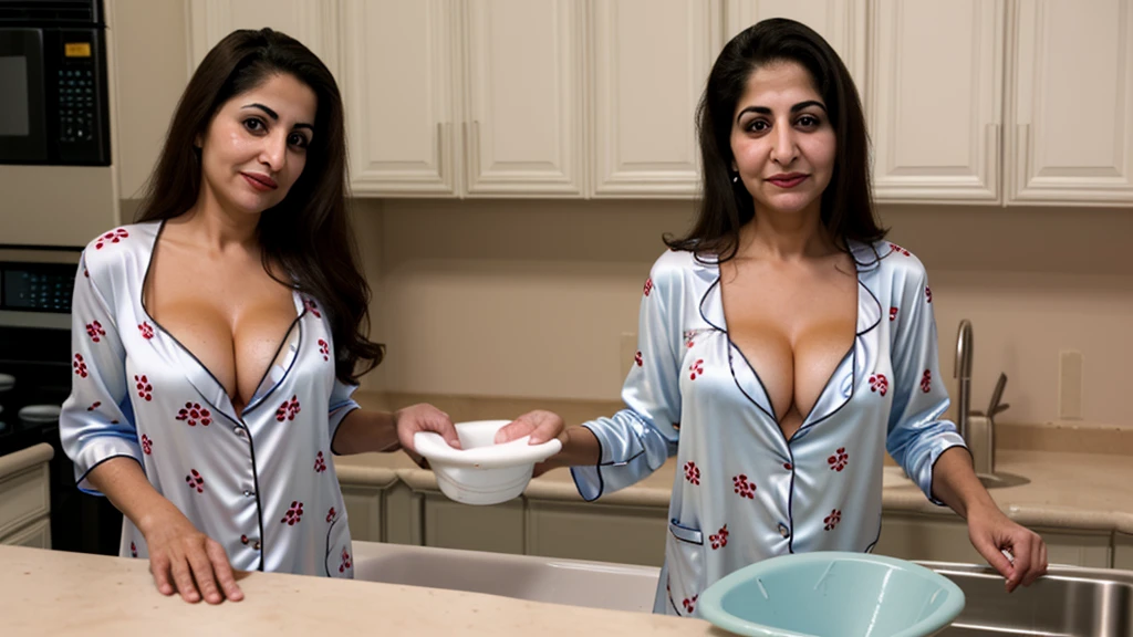  gorgeous arab mom (high detail face) (arab tits saggy) (bulbus nipples)), at the kitchen sink washing dishes, wearing sexy pajamas (cleavage)