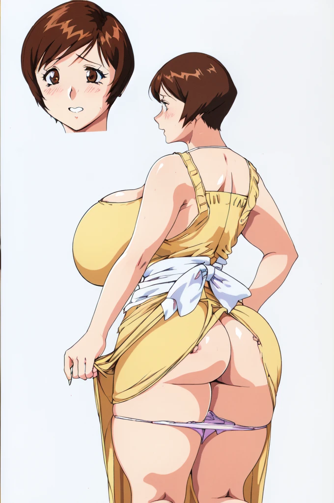 masterpiece, highest quality, High resolution, One girl, alone, sexual intercourse, Pornographic images, short hair, etsukoto, Brown eyes, fine grain, fine grain, (((Thick thighs, Plump thighs, Voluptuous thighs, Thighs alone are enough))), Huge and ample breasts, Cleavage, Huge long breasts, Naughty big,((Big breasts are important))、((Naughty thighs)), L Cup, (thin:1.4),(Tight waist:1.4), (yellow dress:1.4), ((white waist apron, white panty), Embarrassed look, blush, (((Simple Background))), ((Wide Hips)), Shiny, Oily skin, Mature mother, Calf, Seductive mature woman, Perfect body, Plus Size Model, curvy, ample, etsukoto, blush, clavicle, retro artstyle, 1990s (style), (thick thighs:1.4), (((bursting breast))), ((((bare ass)))), ((panty pull, panty drop)), from behind, back view, (from side:0.8), nsfw,