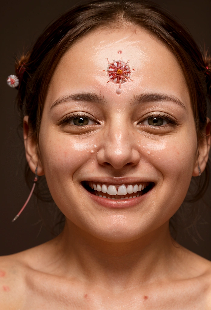 Create an ultra HD image of a happy and relieved person, painless, with a visual representation of the medicine molecules still circulating in the body