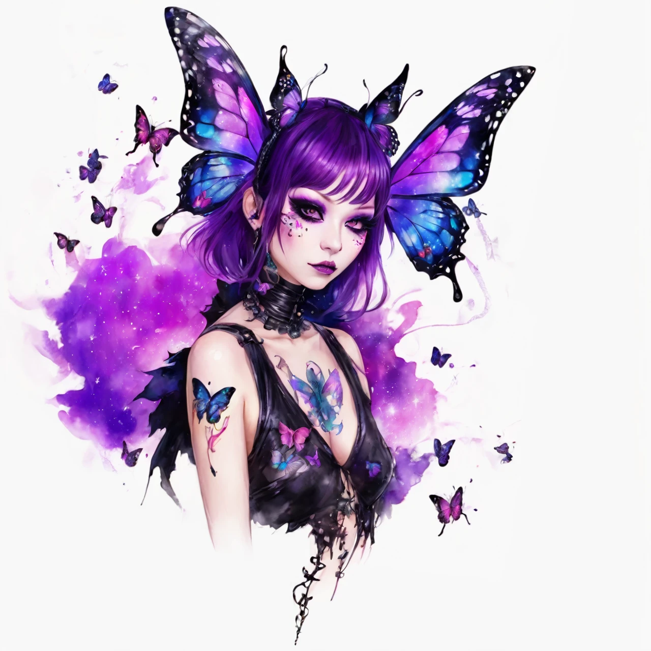 The whole body is purple、Cat Eyes、Sanpakugan gothic makeup、Punk makeup like a rock band、頭にbutterflyの羽が生えている、butterfly々or have tattoos with alien motifs、