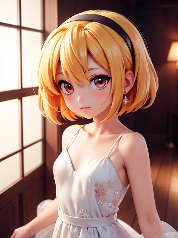 Satoko Hojo, One Girl, (blonde), Red eyes, short hair, hair band, Small breasts,  alone, chibi, chibi figure, chic, Evening Dresses, woman, Simple, Modern interior, all, sophistication, Minimalism, Subdued lighting, sense, fashion icon, 