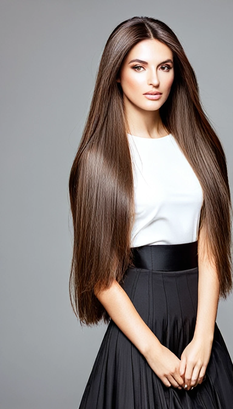 A photo of beautiful italian woman with light makeup with long straight brown hair wearing a black skirt