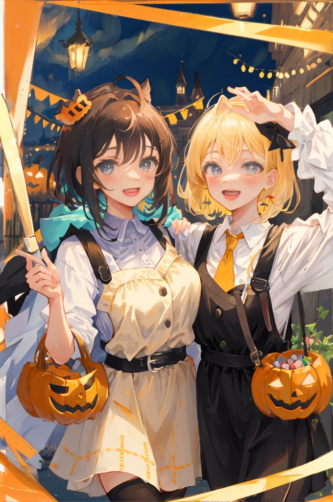 Create a detailed, high-quality fan art cover for a doujinshi based on a slice-of-life anime series, featuring a close-knit family enjoying Halloween together. The scene should depict a festive and joyous atmosphere, with the family members laughing and surrounded by sweets, and the holding a jack-o’-lantern. The parents are amiably giving out treats to the . Capture the warmth and happiness of the family moment, with a focus on expressing the characters’ enjoyment of the holiday. The image should be in a vertical format, with vivid colors and a homely, welcoming vibe, suitable for a fan-created work that could be shared on platforms like Pixiv or Twitter,