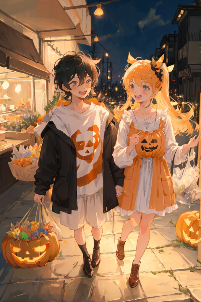 Create a detailed, high-quality fan art cover for a doujinshi based on a slice-of-life anime series, featuring a close-knit family enjoying Halloween together. The scene should depict a festive and joyous atmosphere, with the family members laughing and surrounded by sweets, and the holding a jack-o’-lantern. The parents are amiably giving out treats to the . Capture the warmth and happiness of the family moment, with a focus on expressing the characters’ enjoyment of the holiday. The image should be in a vertical format, with vivid colors and a homely, welcoming vibe, suitable for a fan-created work that could be shared on platforms like Pixiv or Twitter,