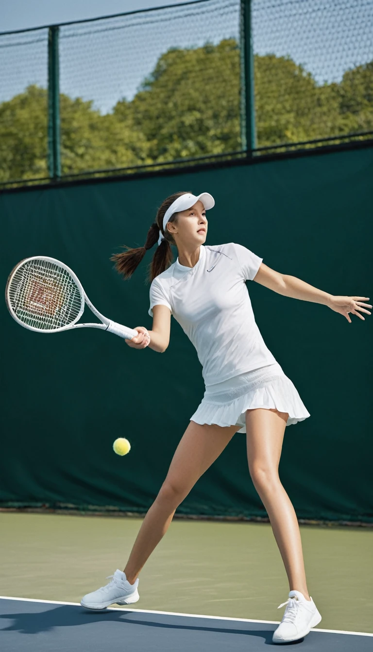 Realistic, detailed, high resolution, woman, tennis,tennisウェア, T-Shirts, leggings, Hearth Stockings, tennisコート, Outdoor, Opponent player on the other side, Jump lightly and serve, Rear view, A racket with tightly strung strings, Racket in right hand, Right hand raised high, The ball hits the center of the net on the racket