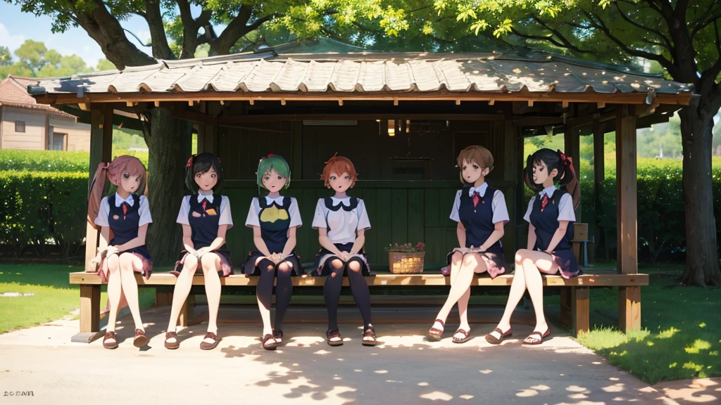 The anime quintuplets sitting under the shade of a tree 