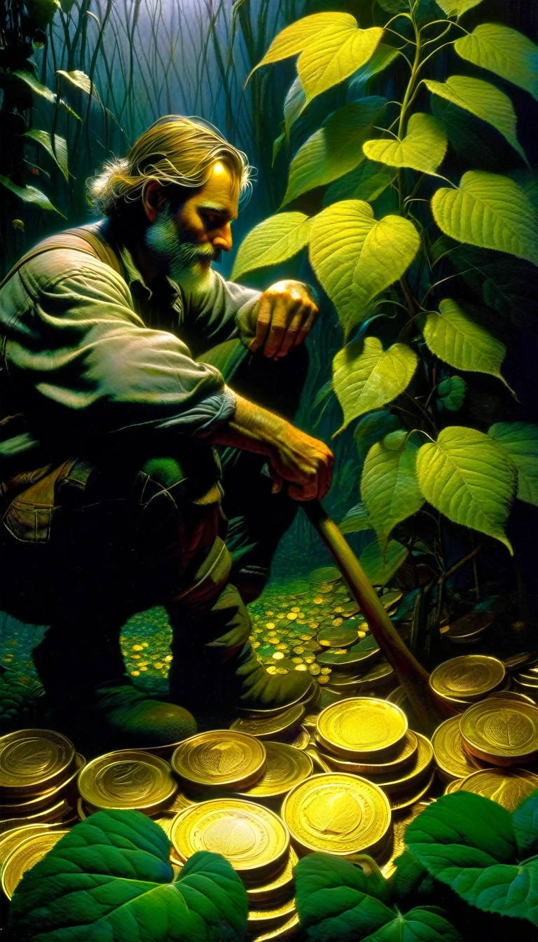a farmer leaning on his hoe, 7 gold coins growing from a leafy plant, dave mckean inspired art, intricate details, oil painting, hyperrealistic, extremely detailed, masterpiece, cinematic lighting, dramatic atmosphere, vivid colors, chiaroscuro, gothic, dark fantasy, award winning digital art