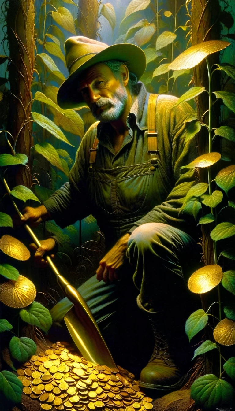 a farmer leaning on his hoe, 7 gold coins growing from a leafy plant, dave mckean inspired art, intricate details, oil painting, hyperrealistic, extremely detailed, masterpiece, cinematic lighting, dramatic atmosphere, vivid colors, chiaroscuro, gothic, dark fantasy, award winning digital art