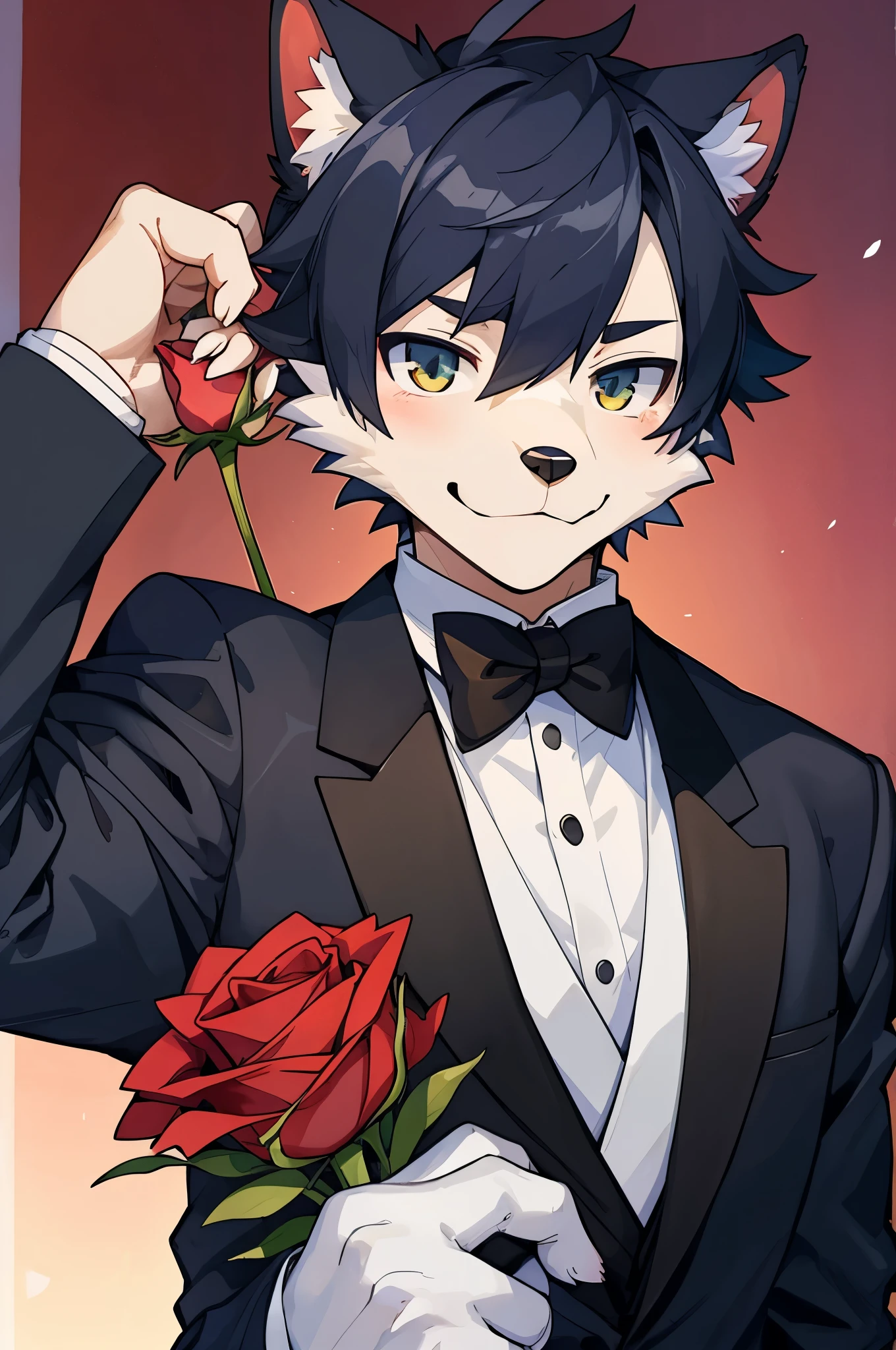 Watercolor elements, 1boy, kemono, furry, detailed body fur, animal face, animal hand, Handsome boy in tuxedo holding a red rose and looking at viewer,