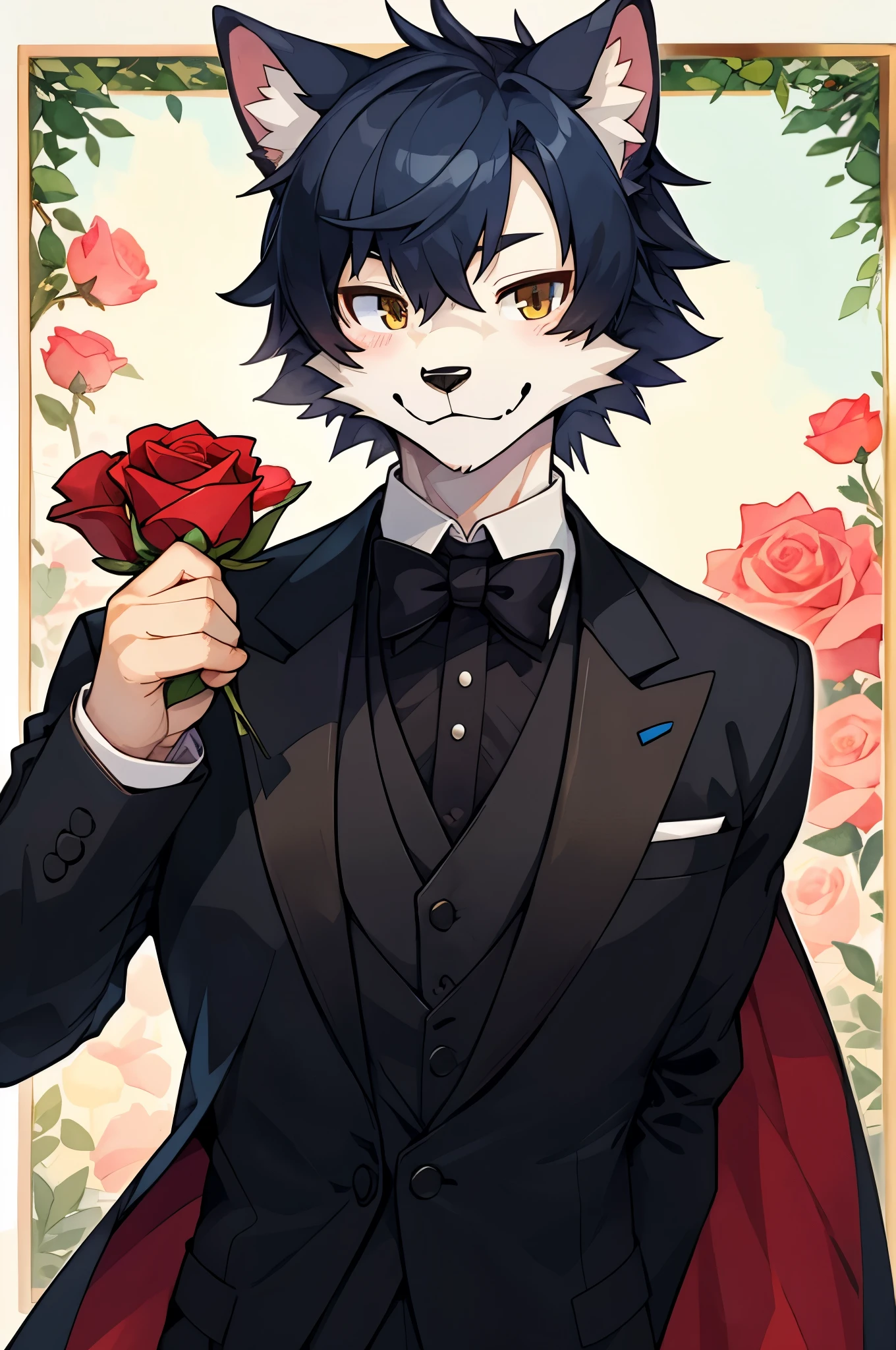 Watercolor elements, 1boy, kemono, furry, detailed body fur, animal face, animal hand, Handsome boy in tuxedo holding a red rose and looking at viewer,