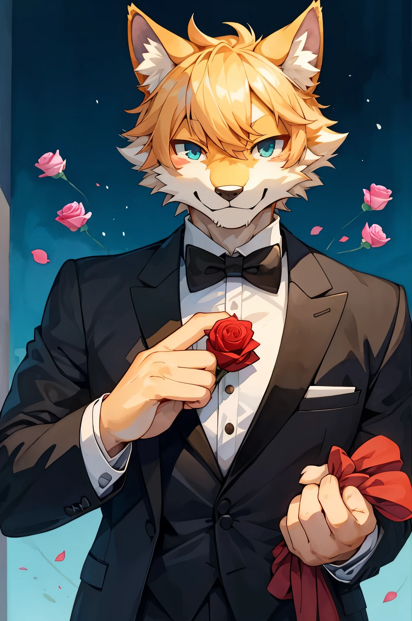 Watercolor elements, 1boy, kemono, furry, detailed body fur, animal face, animal hand, Handsome boy in tuxedo holding a red rose and looking at viewer,