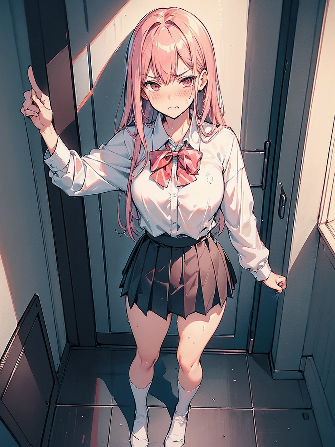 (((((Dildo on the floor:1.5, standing, spread legs:1.5, Point your knees outwards:1.5 ) behind head,spread legs, Push your hips forward,pussy juice , Voluptuous body, Slut、No pants, (Dildo on the floor, standing, spread,arms behind head, Point your knees outwards:1.5, Sweat,)))), Realistic composition, Doujinshi scene,, Big Thighs, Pleated skirt, White Shirt, Angry face, blush, from below