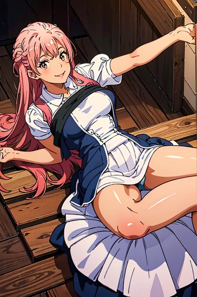 top quality, masterpiece, 1 girl, beautiful face, smiling, brown skin tone, long pink hair, extremely large breasts, gargantuan breasts, wearing skirt, lifting skirt, showing underwear, wearing underwear, laying down, spreading legs, sexy legs, good hands, perfect anatomy