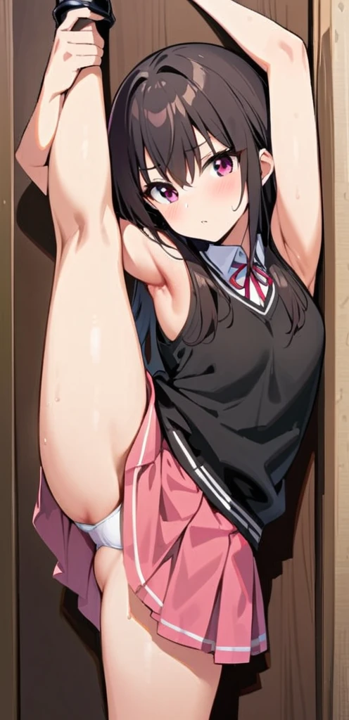 (masterpiece, best quality:1.2), 1girl, solo,standing_split, 
yuuki mikan, long hair，black sleeveless short vest，pink skirt，black