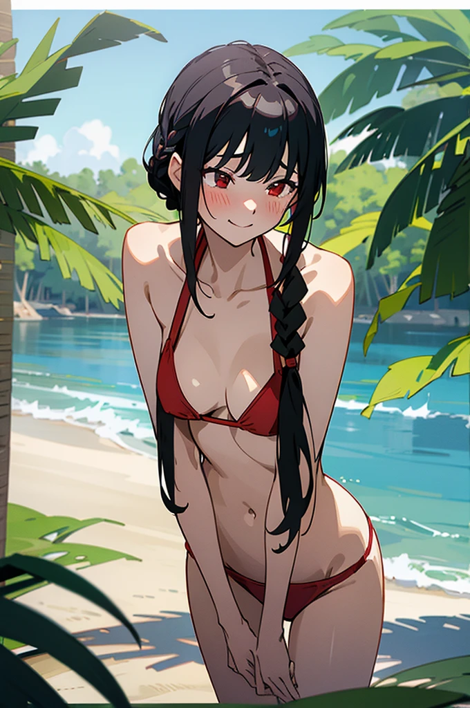 masterpiece, shy,embarrassed,blushed,black medium hair, side braid haircut, red eyes,  shoulders, collarbone, outdoor, seaside,smile,bikini,swimsuit,plant,leaning forward,
