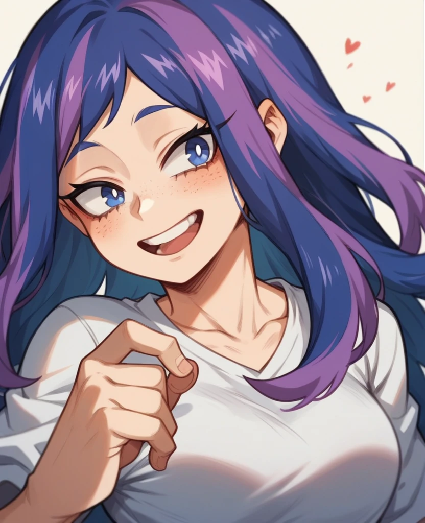 Screenshot of My Hero Academia, a girl with , long hair, almost black, blue with purple highlights., with sapphire blue eyes and purple shadow with a tender look with purple freckles and happy wearing the boku no hero academia UA style