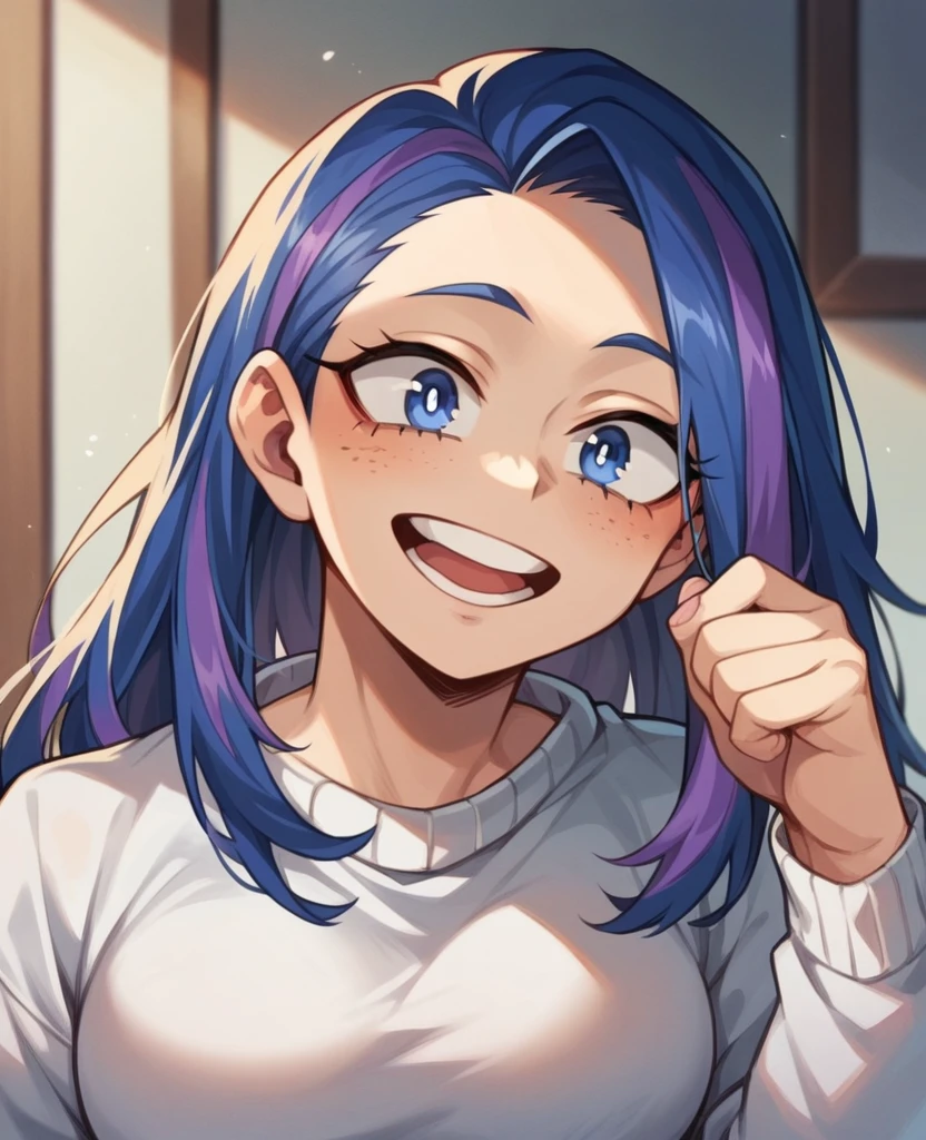 Screenshot of My Hero Academia, a girl with , long hair, almost black, blue with purple highlights., with sapphire blue eyes and purple shadow with a tender look with purple freckles and happy wearing the boku no hero academia UA style