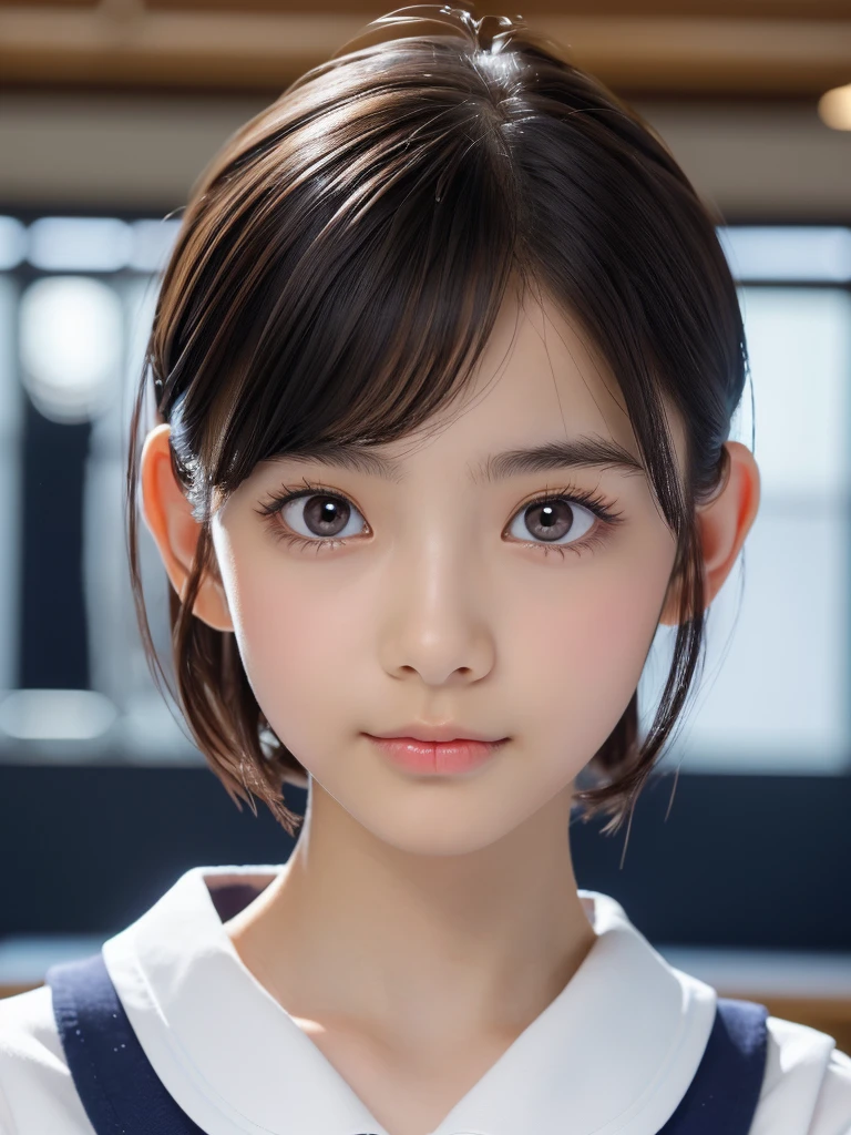 One Girl，(1人のとてもcute女の子:1.3)，masterpiece，Highest quality，High resolution，Photorealistic，RAW Photos，Ray Tracing，beautiful girl，(:1.3)，cute，Realistic eyes，Brown eyes，(detailed pupils:1.2)，(The face is facing straight ahead:1.3)，Body facing forward，Beautiful nose，Fuller lips，Short black hair，ponytail，short hair，Detailed eyelashes，Thin eyebrows，Very fine grain definition，(Symmetrical eyes:1.3)，(Face close-up，Face Focus:1.0)，Small breasts，White and navy blue sailor suit，，Afternoon Classroom，Portrait，View Viewer，Upper Body，Cinema Lighting，High resolution，Very detailed