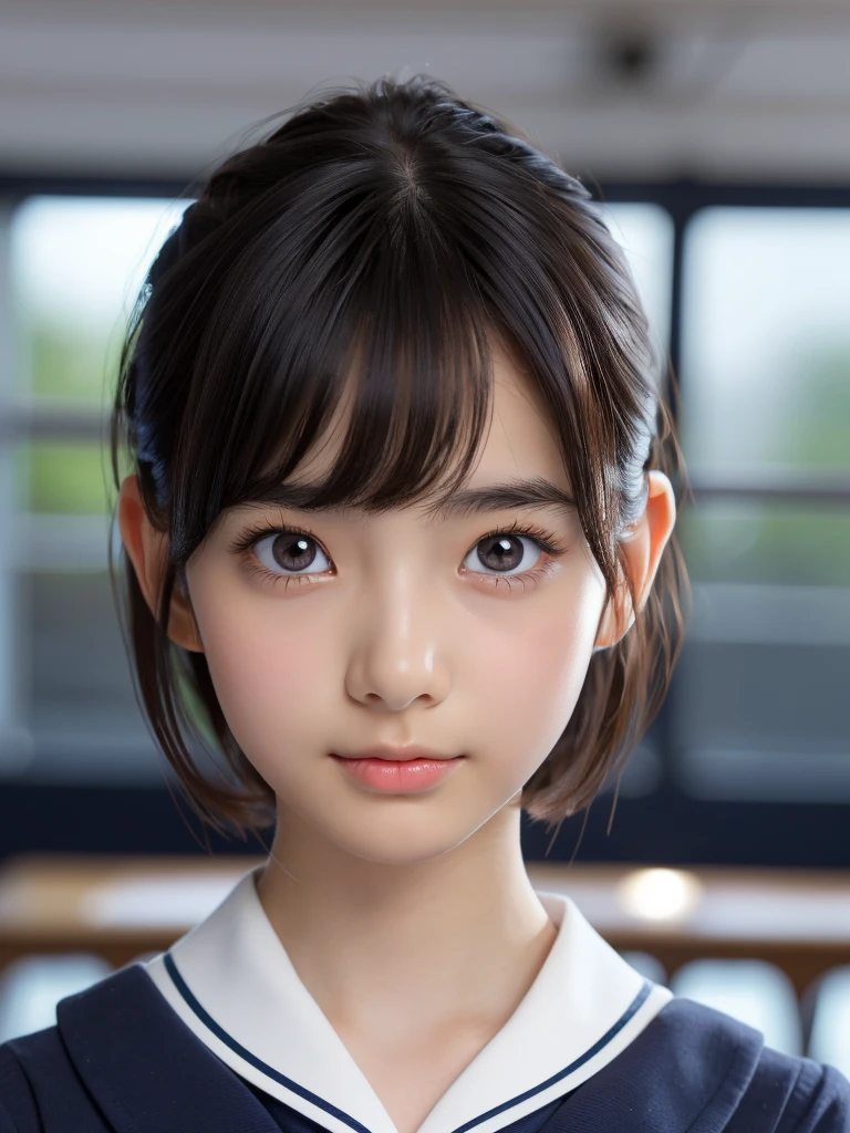 One Girl，(1人のとてもcute女の子:1.3)，masterpiece，Highest quality，High resolution，Photorealistic，RAW Photos，Ray Tracing，beautiful girl，(15 years old:1.3)，cute，Realistic eyes，Brown eyes，(detailed pupils:1.2)，(The face is facing straight ahead:1.3)，Body facing forward，Beautiful nose，Fuller lips，Short black hair，ponytail，short hair，Detailed eyelashes，Thin eyebrows，Very fine grain definition，(Symmetrical eyes:1.3)，(Face close-up，Face Focus:1.0)，Small breasts，White and navy blue sailor suit，，Afternoon Classroom，Portrait，View Viewer，Upper Body，Cinema Lighting，High resolution，Very detailed
