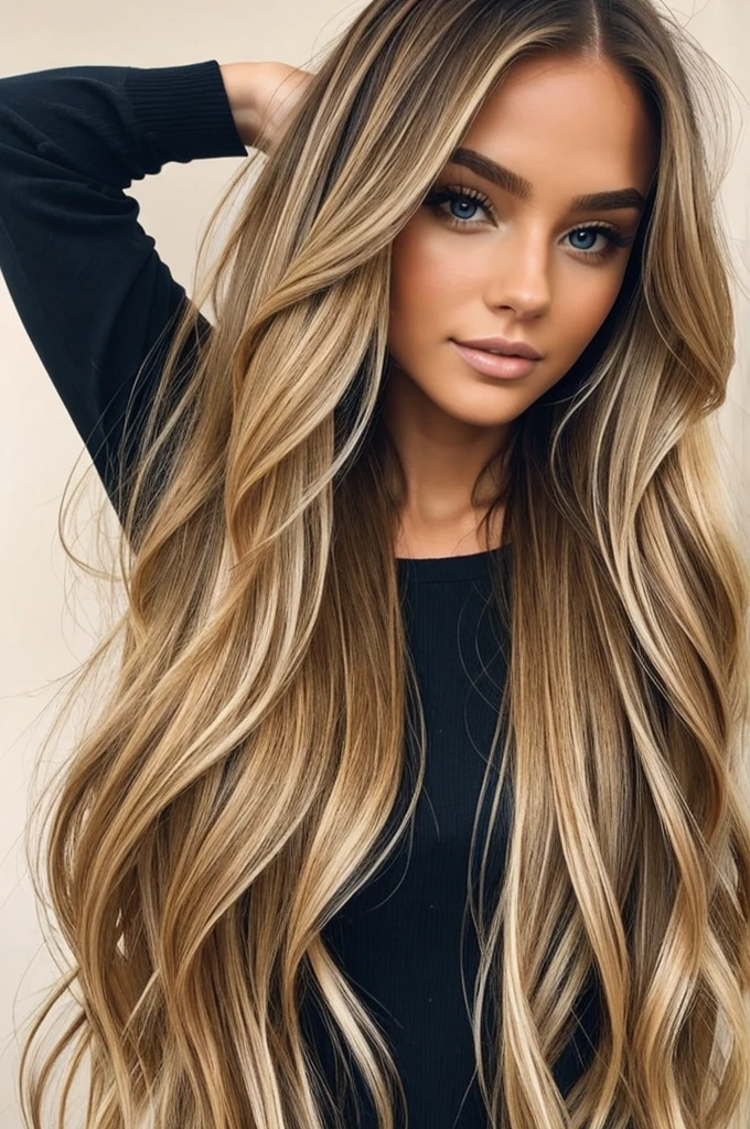 Model with beautiful blonde balayage long hair 