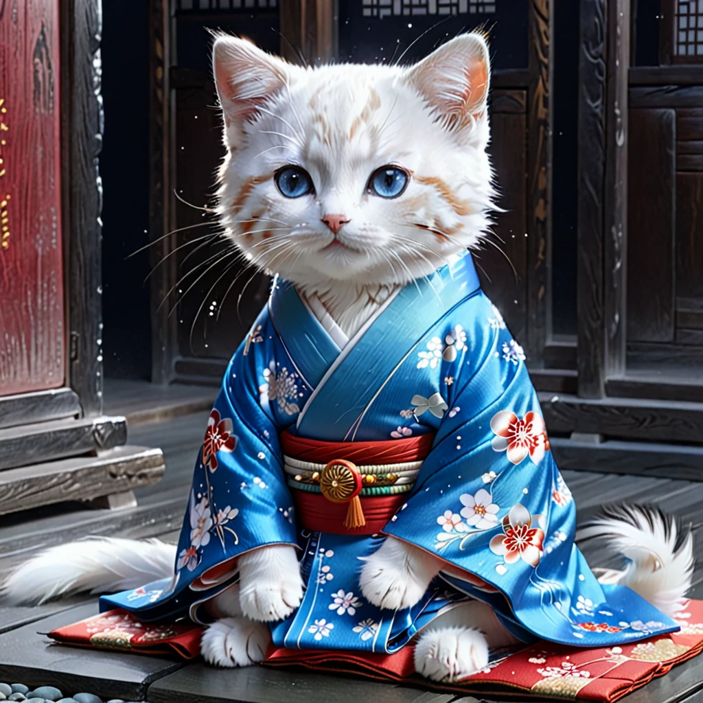 C4tt4stic, Japanese Heian period, surrounded by countless light particles, each shining brightly, colorful kimono, illustration of a small cute creature wearing a twelve-layered kimono, full body, sitting, costume, imperial court, fantasy art, exquisite details, Jean-Baptiste Monge style, Alan Lee style, anthropomorphic blue-eyed white furry kitten, movie scene, dramatic shot angle, atmospheric particles, realistic, raw cinematic photorealism, action portrait, 8k, detailed, full frame