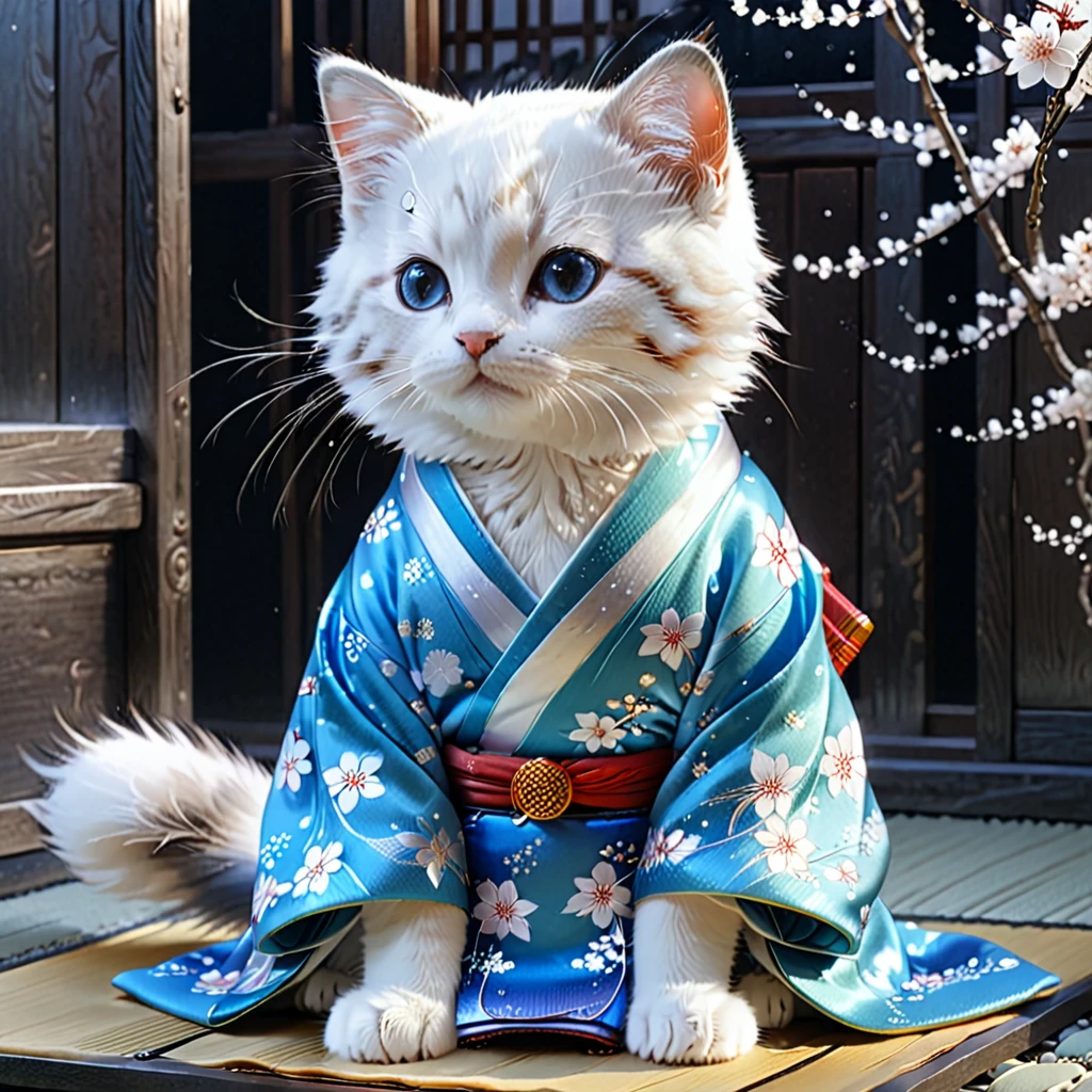 C4tt4stic, Japanese Heian period, surrounded by countless light particles, each shining brightly, colorful kimono, illustration of a small cute creature wearing a twelve-layered kimono, full body, sitting, costume, imperial court, fantasy art, exquisite details, Jean-Baptiste Monge style, Alan Lee style, anthropomorphic blue-eyed white furry kitten, movie scene, dramatic shot angle, atmospheric particles, realistic, raw cinematic photorealism, action portrait, 8k, detailed, full frame