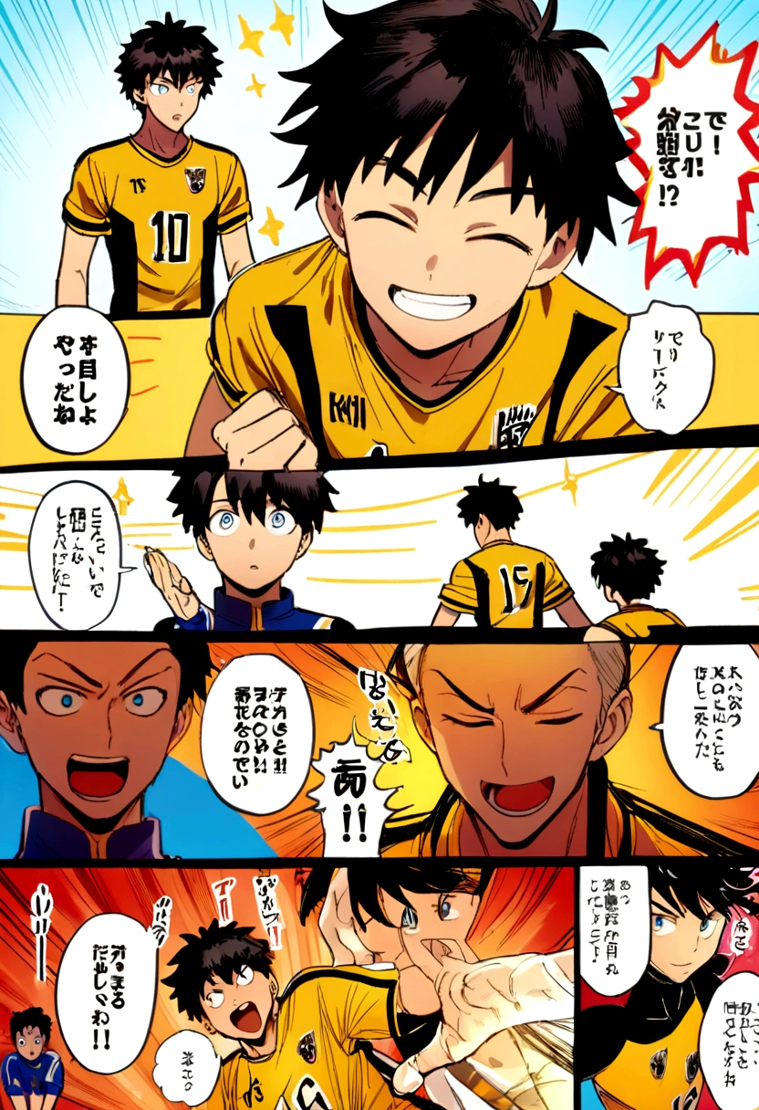 A young anime boy character with short, dark hair smiles brightly, their eyes closed, with a triumphant expression. They are wearing a black and gold sports jersey with a red stripe. The background is a vibrant red with manga-style speech bubbles and lines.  [Style: Anime, manga, vibrant colors, dynamic lines. Reference:  "One Punch Man" by ONE]