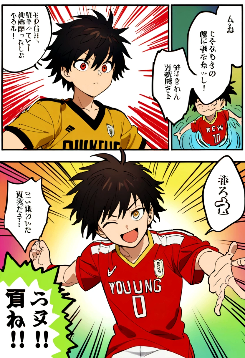 A young anime boy character with short, dark hair smiles brightly, their eyes closed, with a triumphant expression. They are wearing a black and gold sports jersey with a red stripe. The background is a vibrant red with manga-style speech bubbles and lines.  [Style: Anime, manga, vibrant colors, dynamic lines. Reference:  "One Punch Man" by ONE]