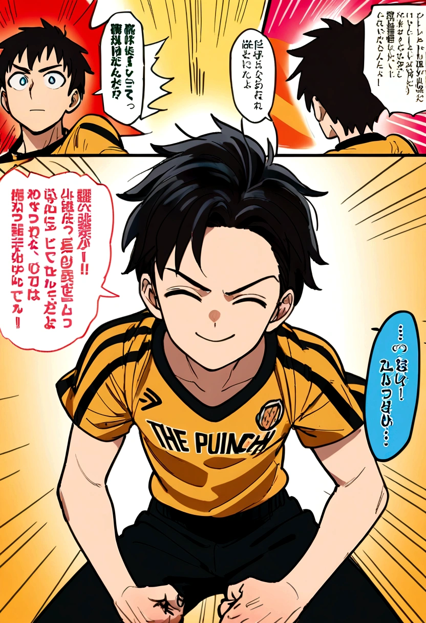 A young anime boy character with short, dark hair smiles brightly, their eyes closed, with a triumphant expression. They are wearing a black and gold sports jersey with a red stripe. The background is a vibrant red with manga-style speech bubbles and lines.  [Style: Anime, manga, vibrant colors, dynamic lines. Reference:  "One Punch Man" by ONE]