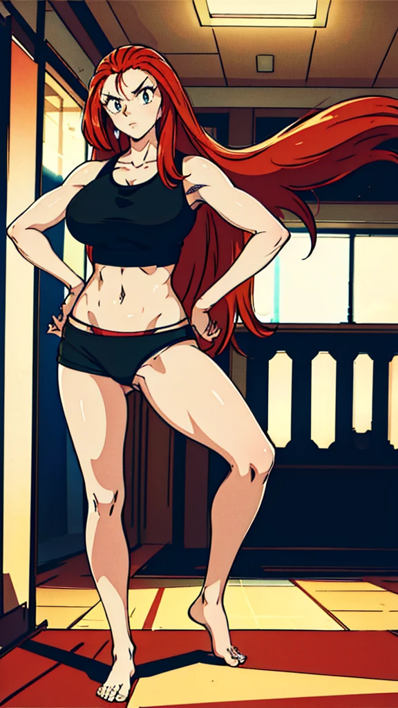 Masterpiece, best quality, Masterpiece, best quality, 1 woman, wavy red hair, sly face , black tank top, black , big breyour hands on your hips.... , Barefoot , convenience store