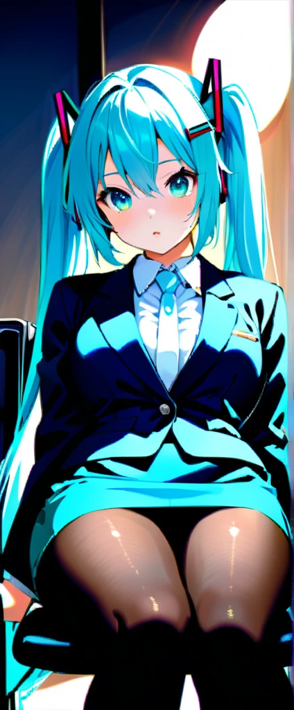 1girl,Japanese,22 old,(chubby),light Hatsune Miku, semi long hair,(bussiness woman’s  recruit suit),(navyblue blazer),(navybrue pencil skirt),(black pantyhose),at office,sitting on chair,sun Light,ultra-detailed, Photorealistic,extremely detailed,4K,8K,highly detailed,super detailed skin,detailed beautiful face and eyes,very detailed background,Sally Yoshino