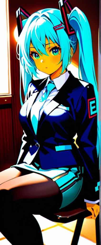 1girl,Japanese,22 old,(chubby),light Hatsune Miku, semi long hair,(bussiness woman’s  recruit suit),(navyblue blazer),(navybrue pencil skirt),(black pantyhose),at office,sitting on chair,sun Light,ultra-detailed, Photorealistic,extremely detailed,4K,8K,highly detailed,super detailed skin,detailed beautiful face and eyes,very detailed background,Sally Yoshino