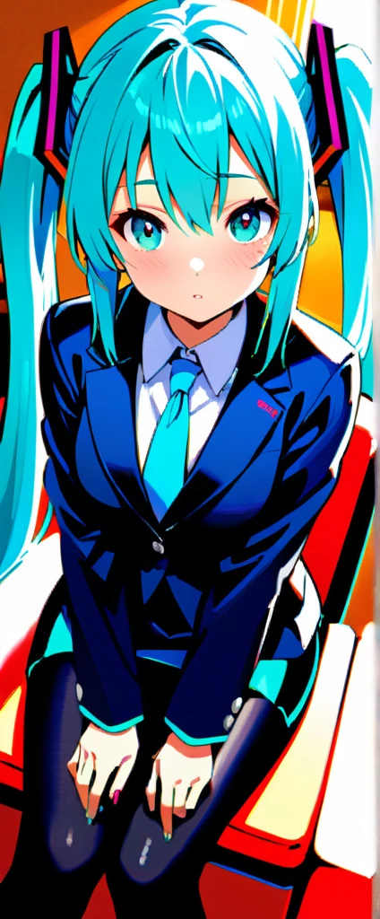 1girl,Japanese,22 old,(chubby),light Hatsune Miku, semi long hair,(bussiness woman’s  recruit suit),(navyblue blazer),(navybrue pencil skirt),(black pantyhose),at office,sitting on chair,sun Light,ultra-detailed, Photorealistic,extremely detailed,4K,8K,highly detailed,super detailed skin,detailed beautiful face and eyes,very detailed background,Sally Yoshino