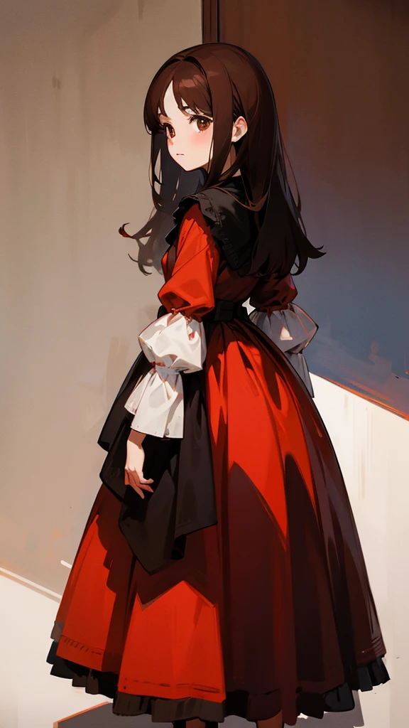 Pretty girl, Brown hair, brown eyes, period dress, she is surrounded by two shadows, one red and one black