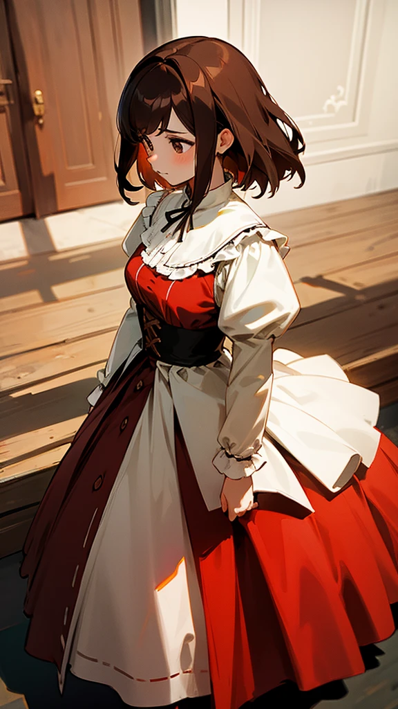 Pretty girl, Brown hair, brown eyes, period dress, she is surrounded by two shadows, one red and one black