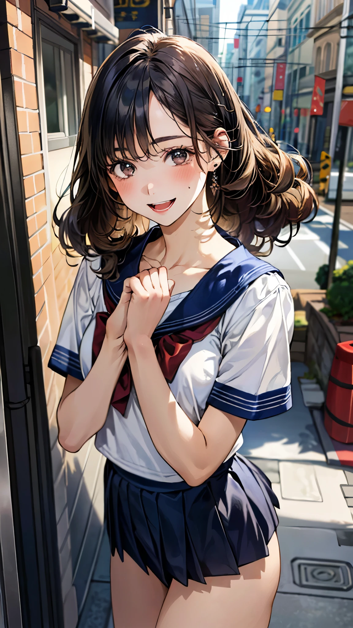 (masterpiece:1.3, top-quality, ultra high res, ultra detailed), (realistic, photorealistic:1.4), beautiful illustration, perfect lighting, natural lighting, colorful, depth of fields, ,
beautiful detailed hair, beautiful detailed face, beautiful detailed eyes, beautiful clavicle, beautiful body, beautiful chest, beautiful thigh, beautiful legs, beautiful fingers, shiny skin, 
looking at viewer, 1 girl, high school girl, (perfect anatomy, anatomically correct, super detailed skin), cute and symmetrical face, babyface, perfect face, perfect eyes, , 
(middle hair:1.7, curly hair, sideburns:1.4, navy hair), parted bangs:0.2, black eyes, slant eyes, big eyes, long eye lasher, (medium breasts, seductive thighs), slender, skin dendation, 
detailed cloth texture, short sleeve, sailor suit, pleated skirt, ,
(beautiful scenery), summer, evening, (downtown, creperie shop), walking, (eatting crepe), (happy smile, upper eyes, open mouth small), 