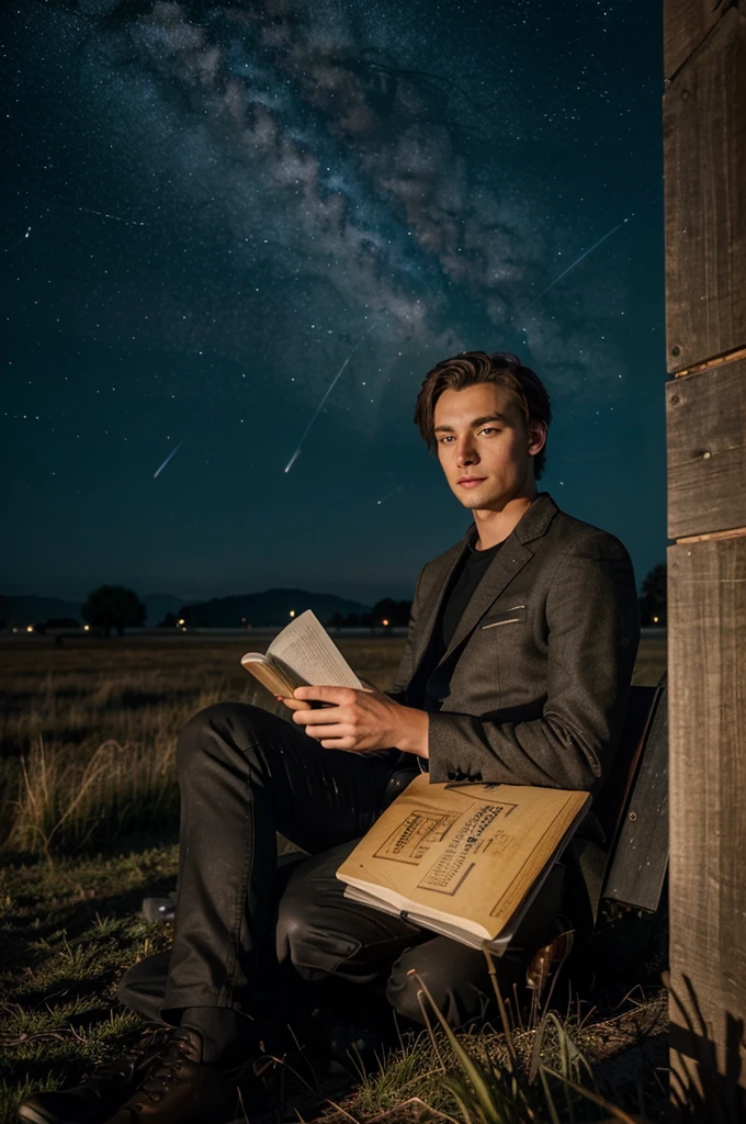 A handsome young man , introvert,was in a quiet place at night, Daan was alone reading a book,with a grassland background, and the sky is visible stars and the Milky Way galaxy 