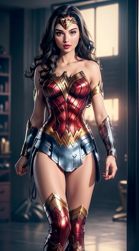 ((solo, Wonder woman, (GAL GADOT, dark purple eyes, black hair, long hair), High Definition，lipstick, Extremely detailed, ambient soft lighting, 8K, perfect eyes, a perfect face, perfect lighting, a 1girl)), ((solo, (1woman, lipstick), Extremely detailed, ambient soft lighting, 4K, perfect eyes, a perfect face, perfect lighting, a 1girl)), , ((fitness,, shapely body, athletic body, toned body)), ((wonder woman uniform suit, Women&#39;s eyes， pencil skirt, high heels, white dress shirt open, office, sofa, desk, gold jewelry, emerald earrings, bracelets, executive woman, emerald necklace, purple belt))