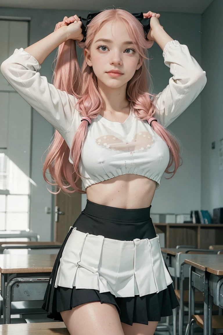 16 years old teenager girl, in emty classroom, laughs,soft pink hair, pigtails, graphic eyeliner, rouge,realistic skin texture,face freckles,shirt,black skirt,masterpiece,blush,blushed,blushing,teen girl,pale white skin,beautiful, pose,, body,perfect body, ((big )), , cold lighting, cloudy weather, cold palette
