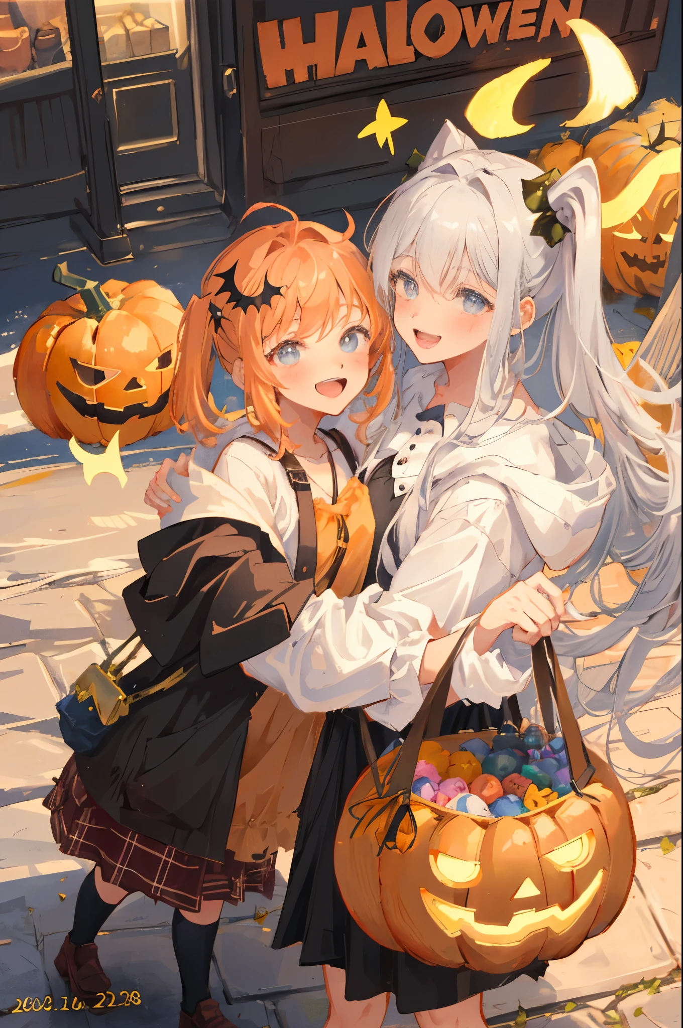 Create a detailed, high-quality fan art cover for a doujinshi based on a slice-of-life anime series, featuring a close-knit family enjoying Halloween together. The scene should depict a festive and joyous atmosphere, with the family members laughing and surrounded by sweets, and the  holding a jack-o’-lantern. The parents are amiably giving out treats to the . Capture the warmth and happiness of the family moment, with a focus on expressing the characters’ enjoyment of the holiday. The image should be in a vertical format, with vivid colors and a homely, welcoming vibe, suitable for a fan-created work that could be shared on platforms like Pixiv or Twitter,