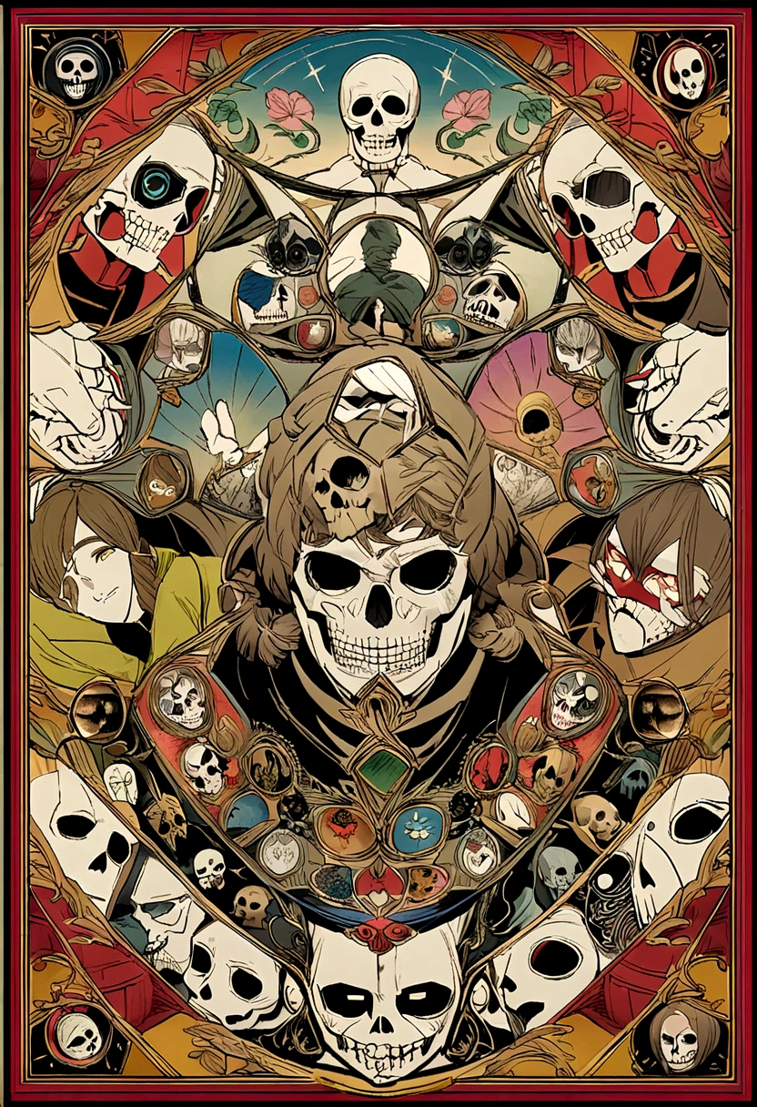 Create an image themed around the ninjutsu mechanics of Magic The Gatering, The image must contain the main mechanical ninjas, including Yuriko, the Tiger's Shadow, Day of the Dead, Nashi, Heir of the Sage of the Moon and the Shadow of a Thousand Faces. The image must be created in landscape orientation so that it can be used on a playmat