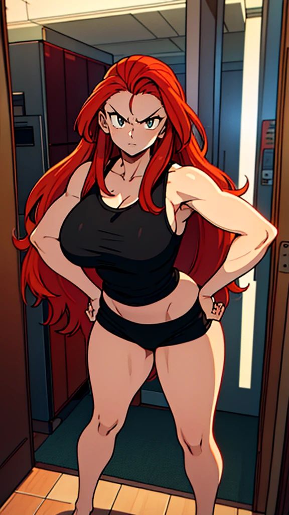 Masterpiece, best quality, Masterpiece, best quality, 1 woman, wavy red hair, sly face , black tank top, black  ,  , Put your hands on your .... , Barefoot , convenience store