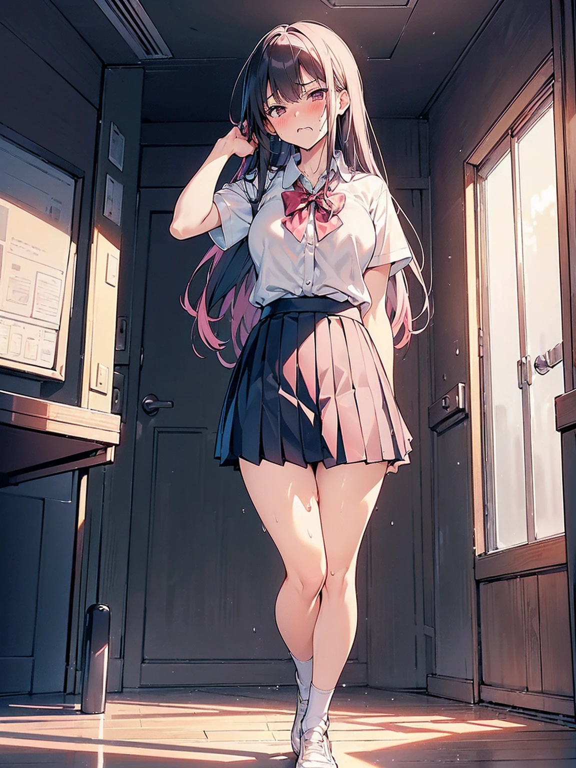 ((((( on the floor:1.5, standing, :1.5, Point your knees outwards:1.5 ) behind head,, Push your  forward, ,  body, 、, ( on the floor, standing, spread,arms behind head, Point your knees outwards:1.5, Sweat,)))), Realistic composition, Doujinshi scene,, Big Thighs, Pleated skirt, White Shirt, Angry face, blush, from below
