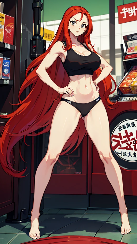 Masterpiece, best quality, Masterpiece, best quality, 1 woman, wavy red hair, sly face , black tank top, black  ,  , Put your hands on your .... , Barefoot , convenience store